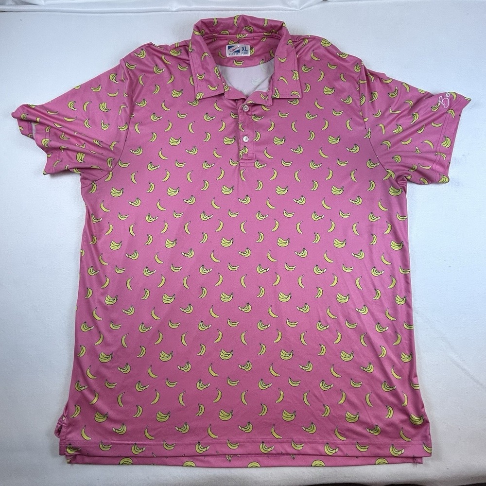 Bermies Polo Shirt Mens XL  Pink Banana All Over Print Golf Performance‎ Whimsy